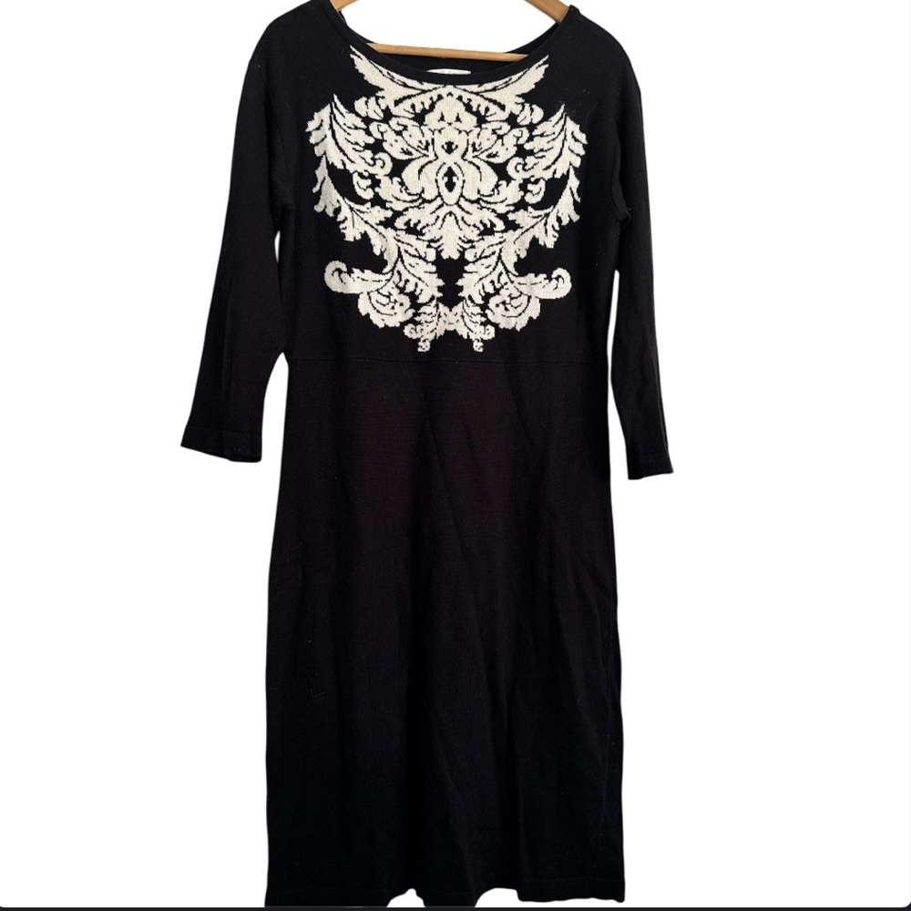 New York & Company Black 3/4-sleeve Knit Dress White Damask Pattern Size Medium